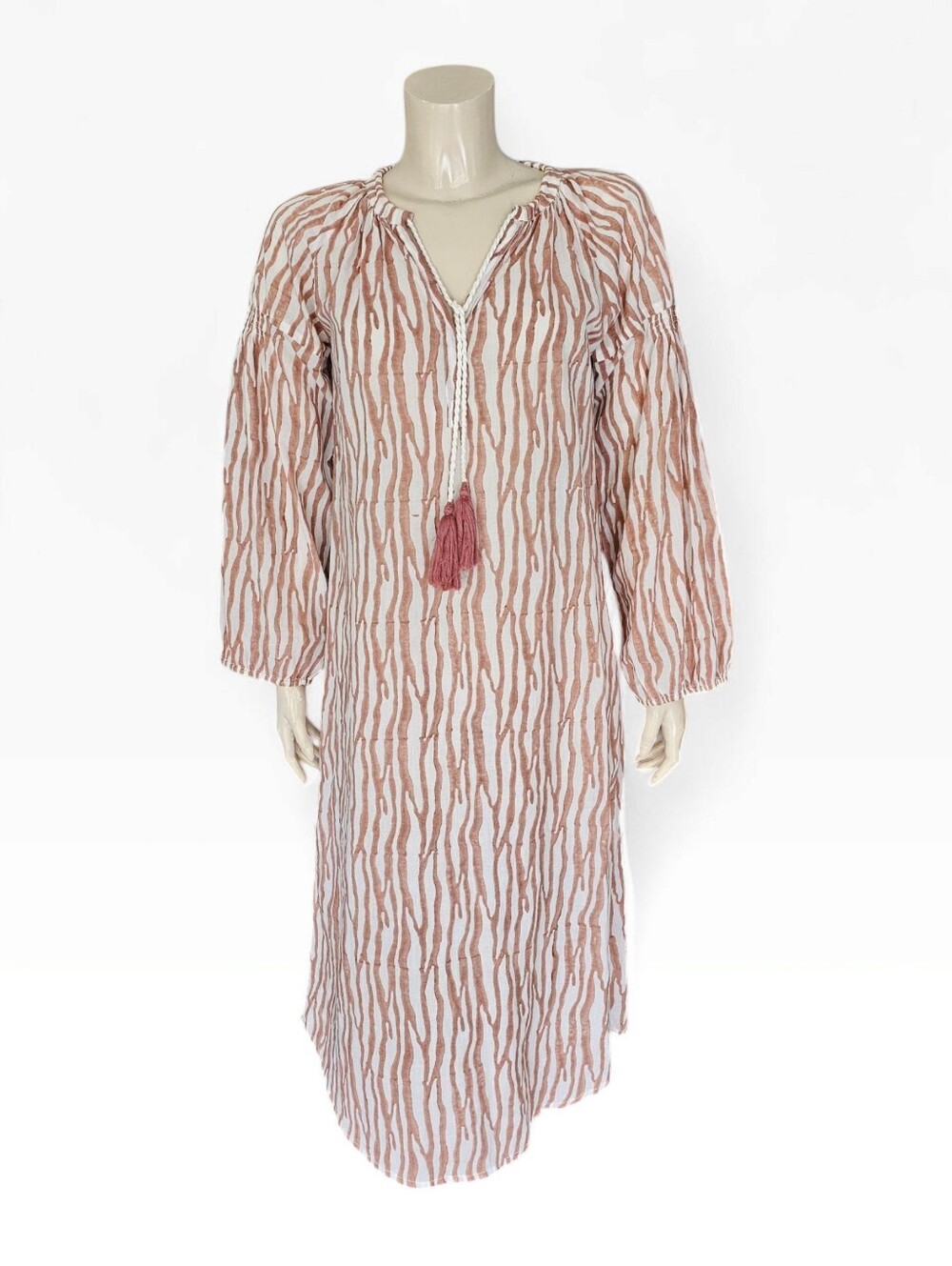 KERRY CASSILL Mauve Pink Ivory Stripe Boho Tunic Cotton Cover Up Tassel Tie S